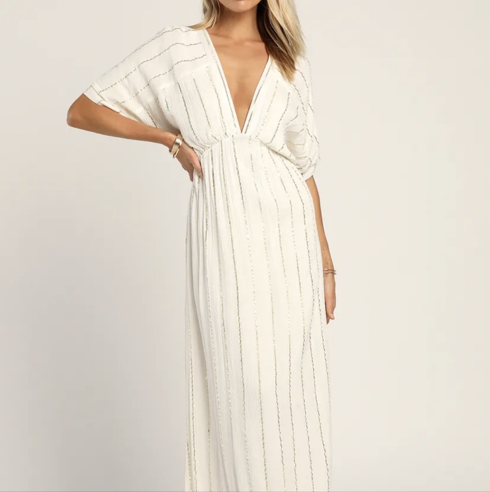 Lulu's Goddess Vibes Ivory Gold Striped Dolman Sleeve Maxi Dress